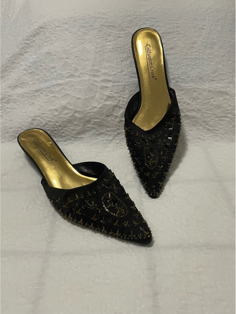 Coldwater Creek Black Beaded Pointed Toe Slip-On Flats